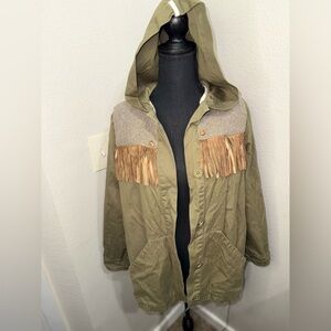 Pepin Olive‎ Green Jacket with Hood and Fringe Back- Size Small
